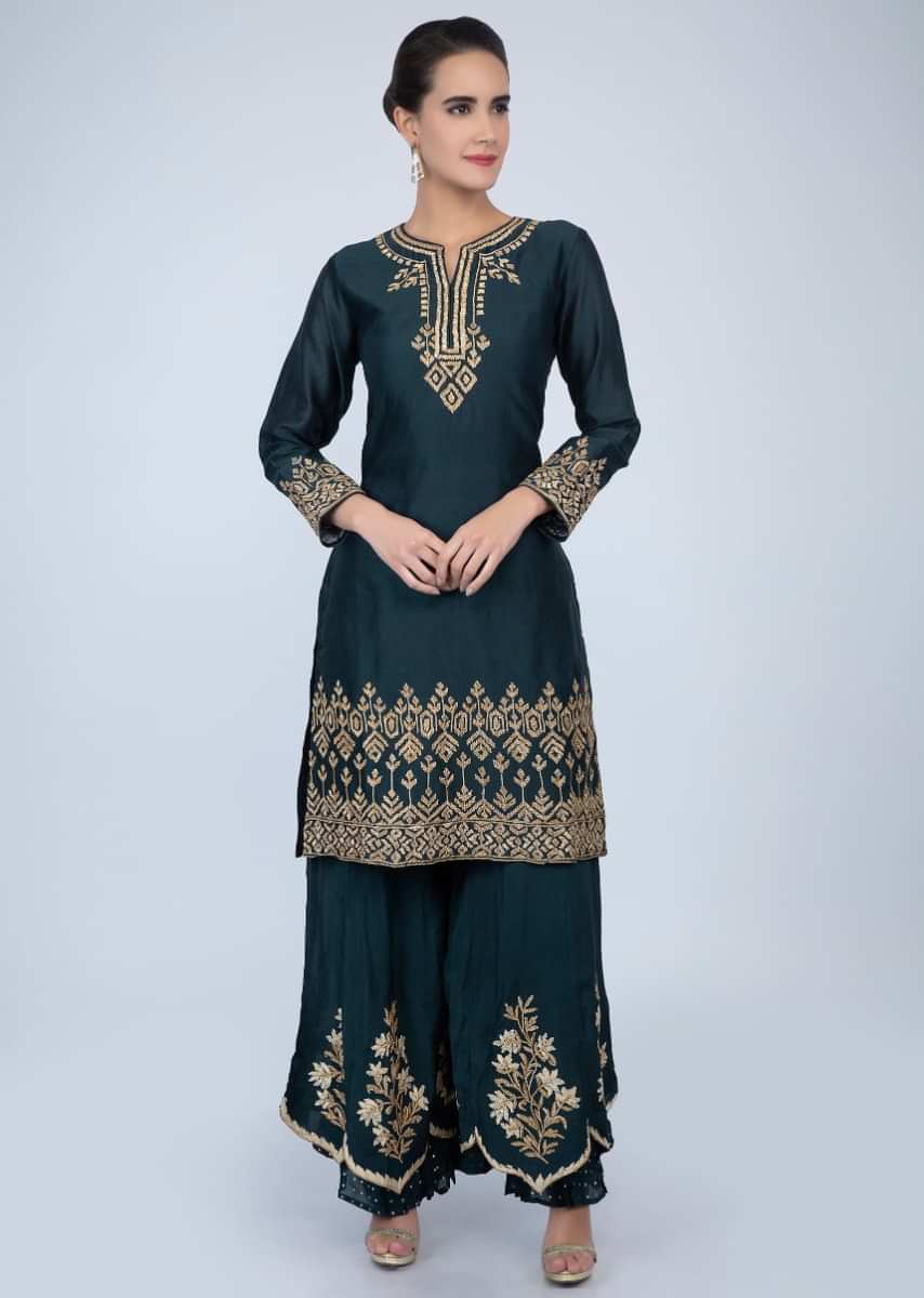 Dark blue palazzo suit set with flat embroidery only on Kalki