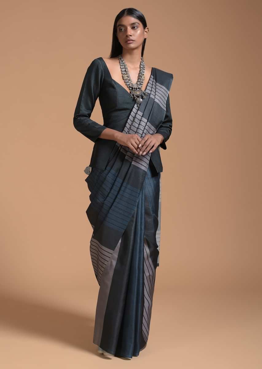 Dark Blue, Green And Silver Saree In Cotton With Striped Print All Over  