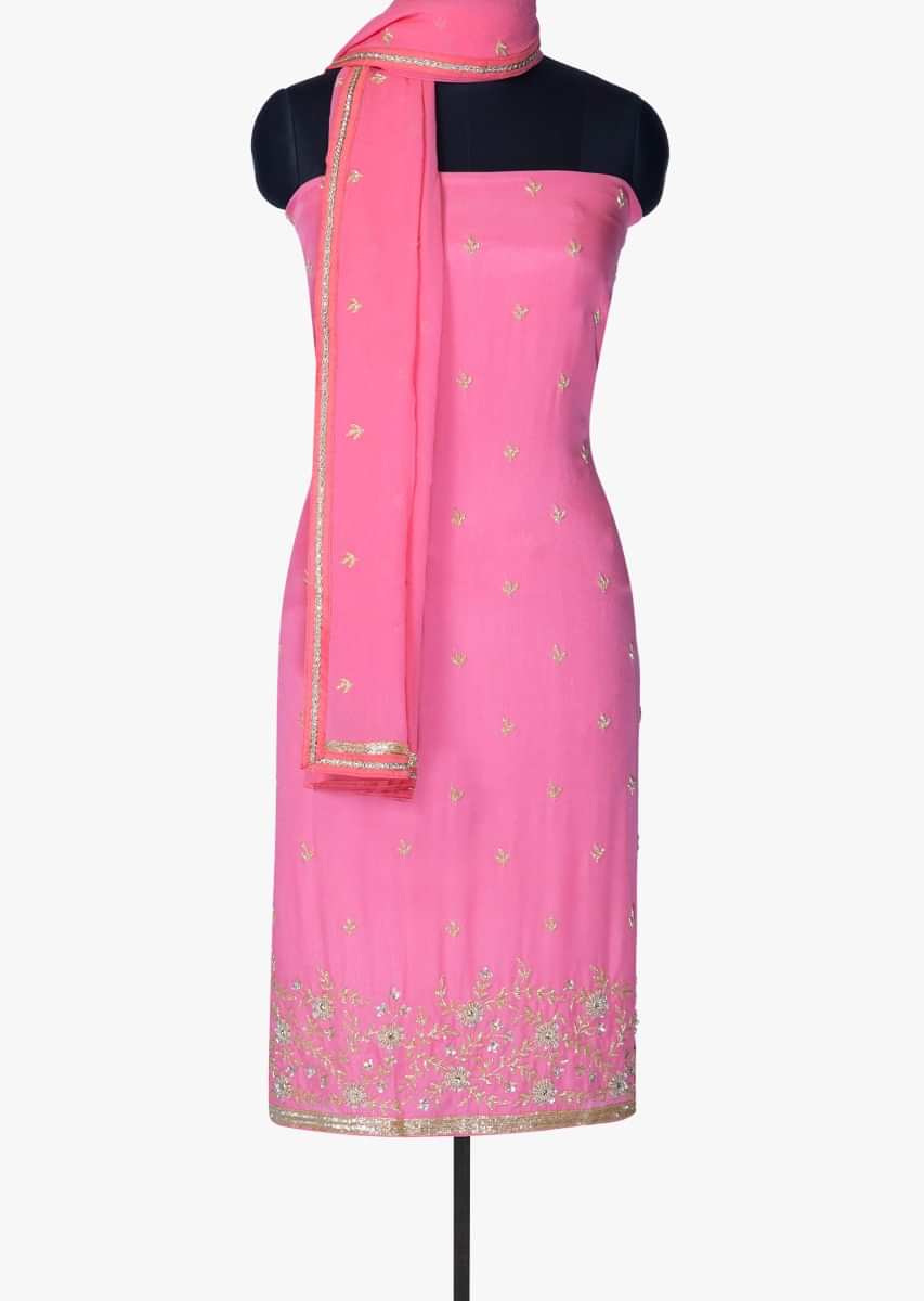 Bright pink unstitched suit in chiffon with sequin only on Kalki