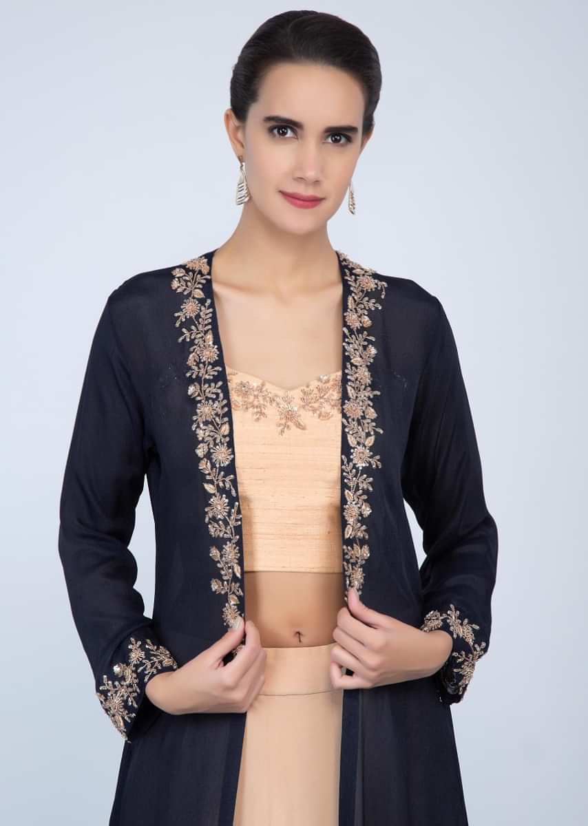 Dark Cream Crop Top And Skirt Paired With Contrasting Navy Blue Jacket Online - Kalki Fashion