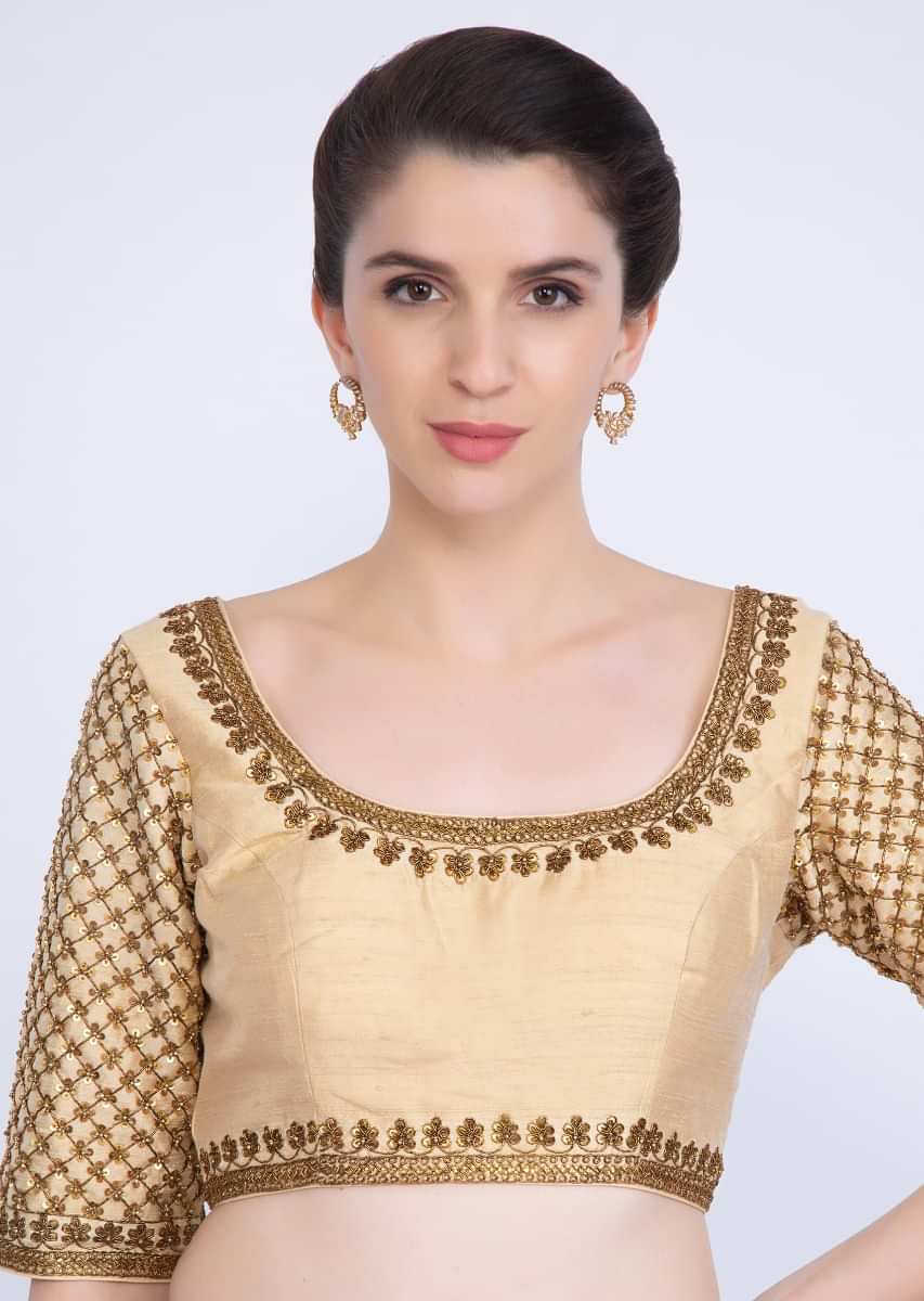 Dark Cream Blouse In Raw Silk With Checks Jaal Embroidered Sleeves Online - Kalki Fashion