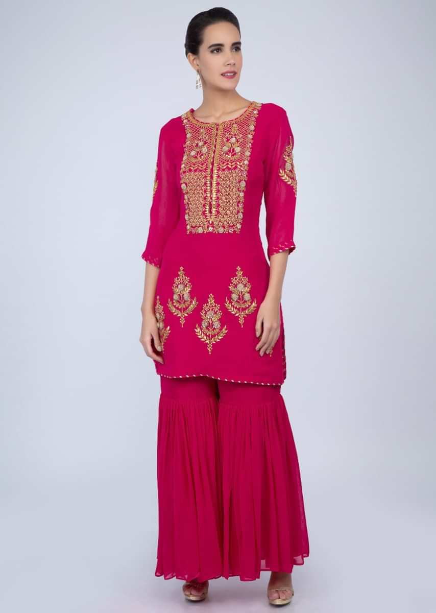 Dark Fuchsia Pink Sharara Suit With Embroidery And Butti Online - Kalki Fashion