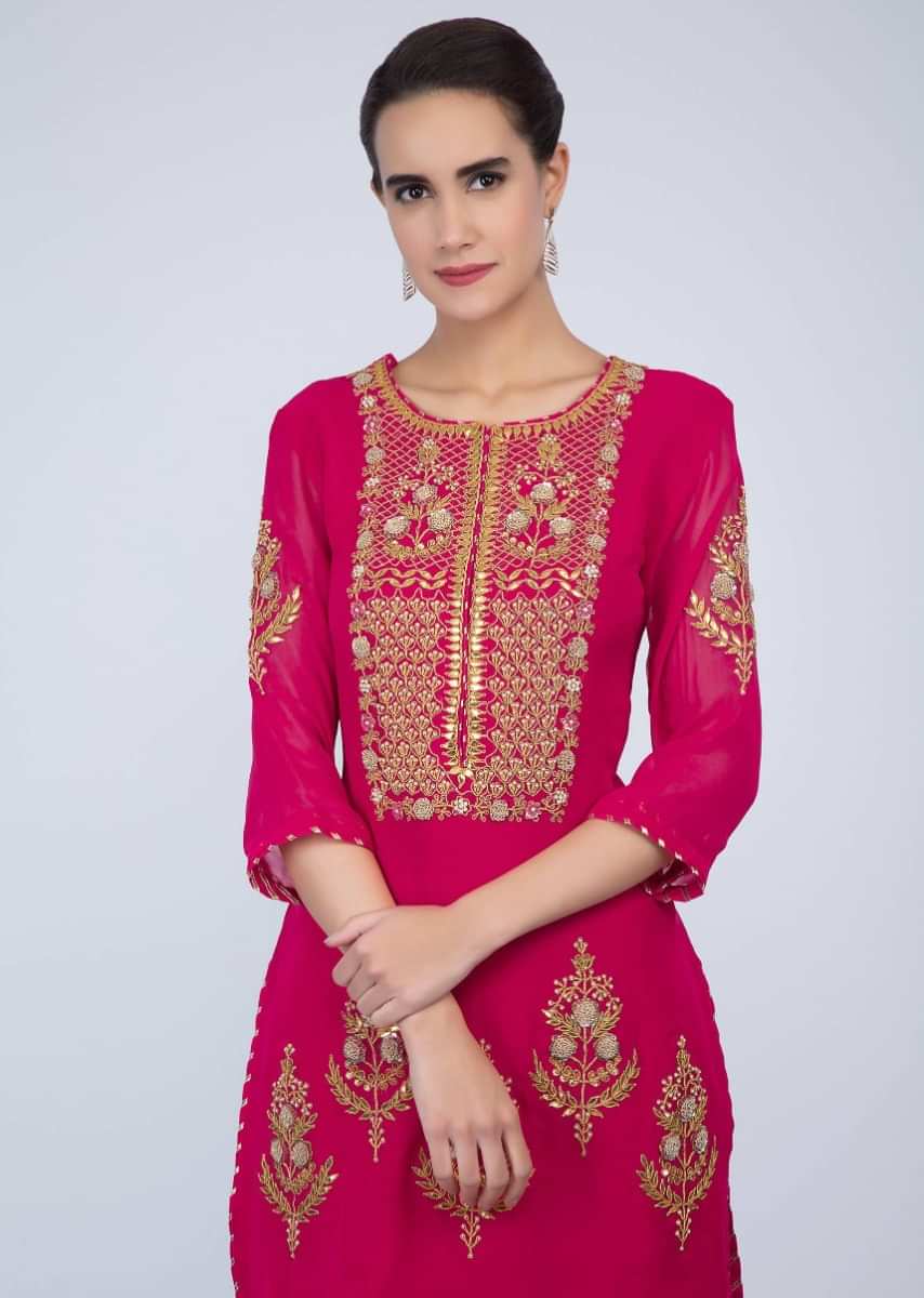 Dark Fuchsia Pink Sharara Suit With Embroidery And Butti Online - Kalki Fashion