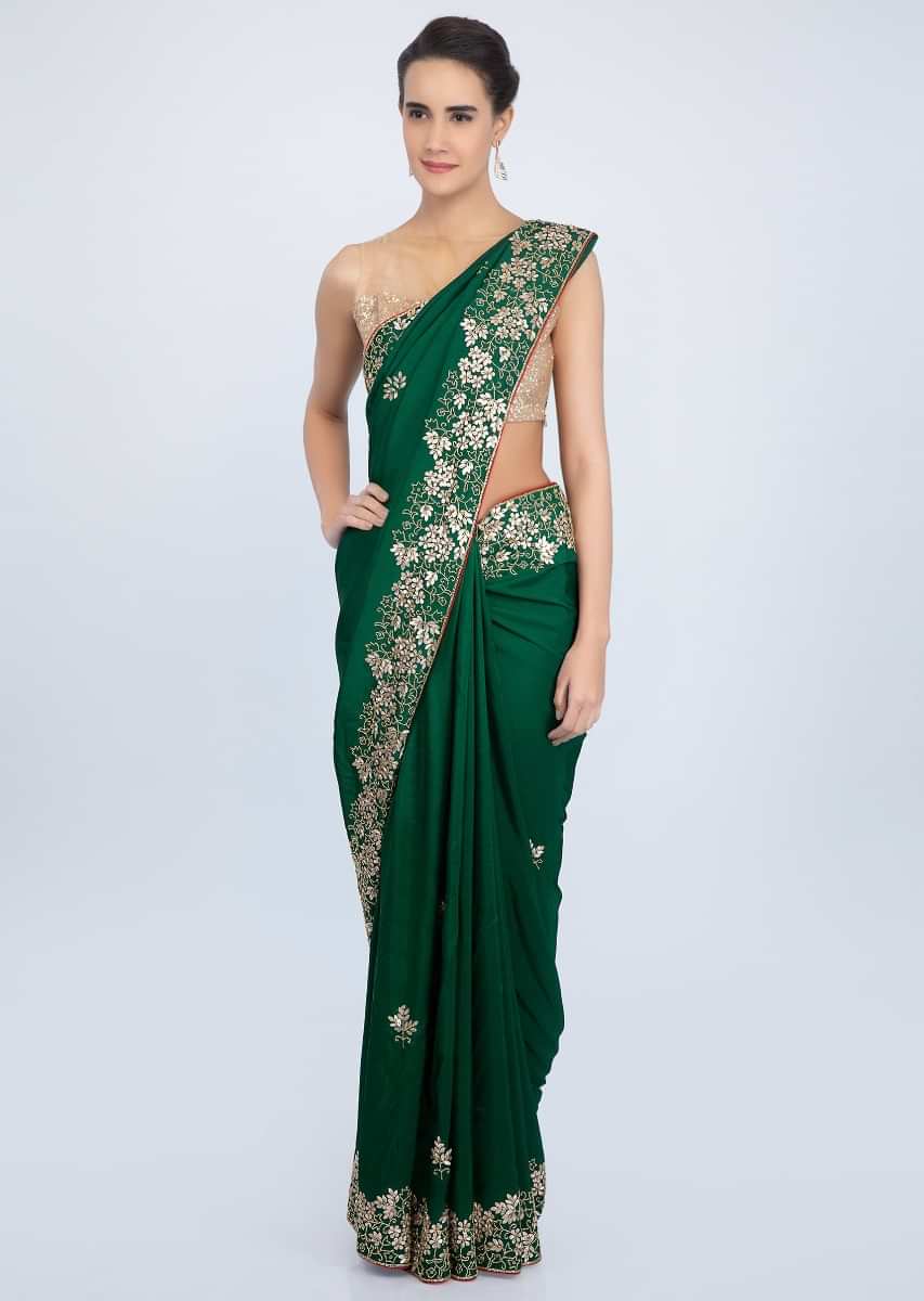 Dark Green Saree In Cotton Silk With Floral Embroidered Butti And Border Online - Kalki Fashion