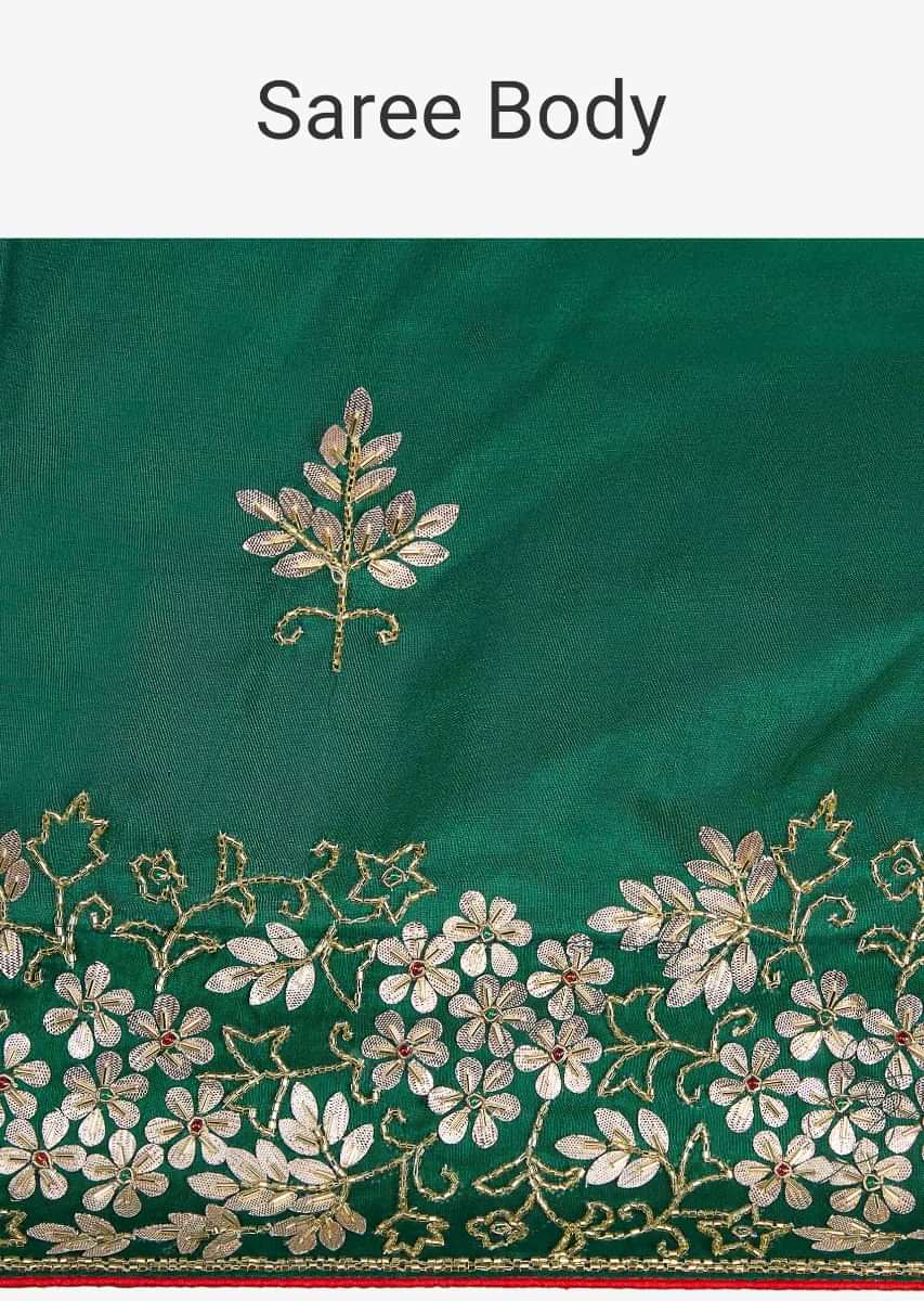 Dark Green Saree In Cotton Silk With Floral Embroidered Butti And Border Online - Kalki Fashion