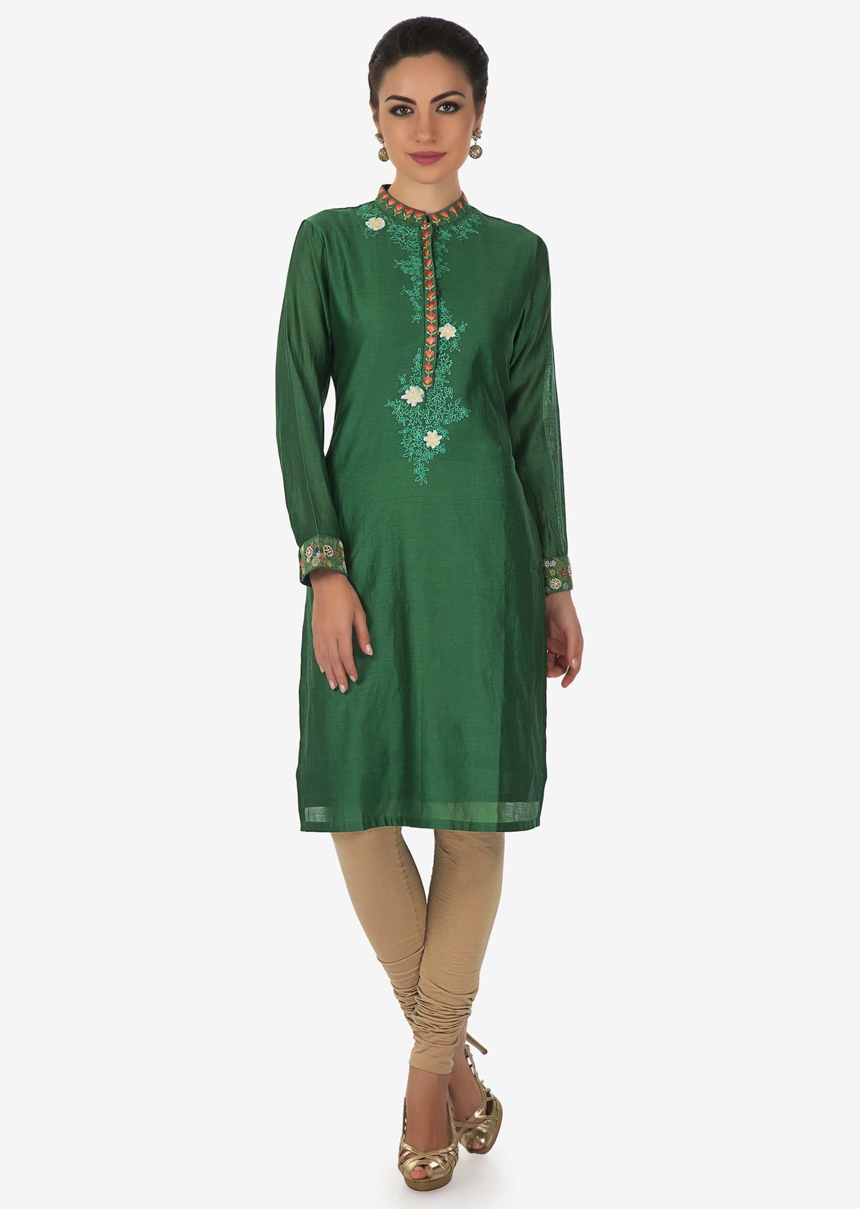 Dark Green Kurti In Cotton With Resham Embroidered Placket Online - Kalki Fashion