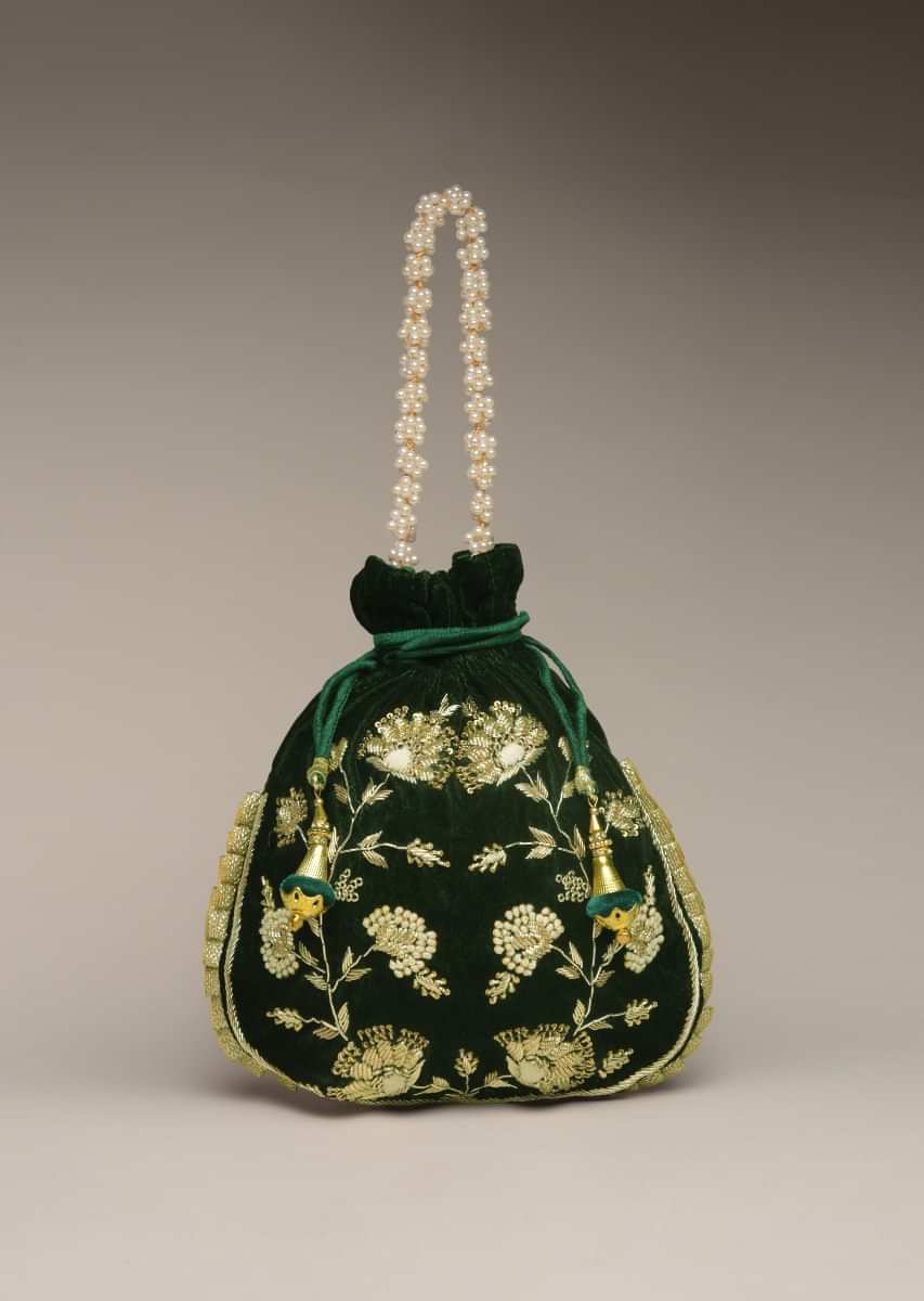 Dark Green Potli Bag In Satin With Hand Embroidered Floral Design Using Sequins And Zardosi