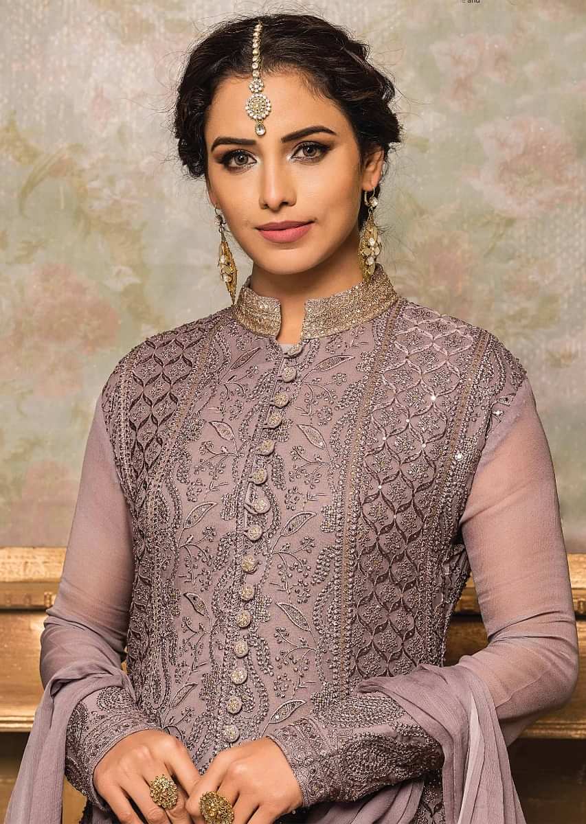 Dark grey anarkali suit in thread and kundan embroidery all over