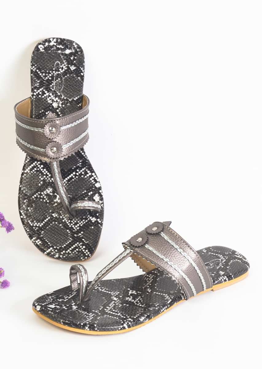 Dark Grey Kolhapuri Flats With Black And White Snake Print Sole  By Sole House