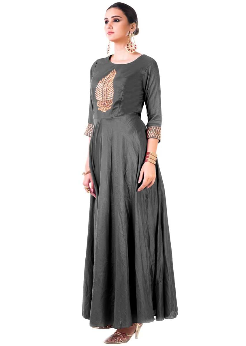 Grey Anarkali Gown In Hand Embroidered Silk With Leaf Motifs Online - Kalki Fashion