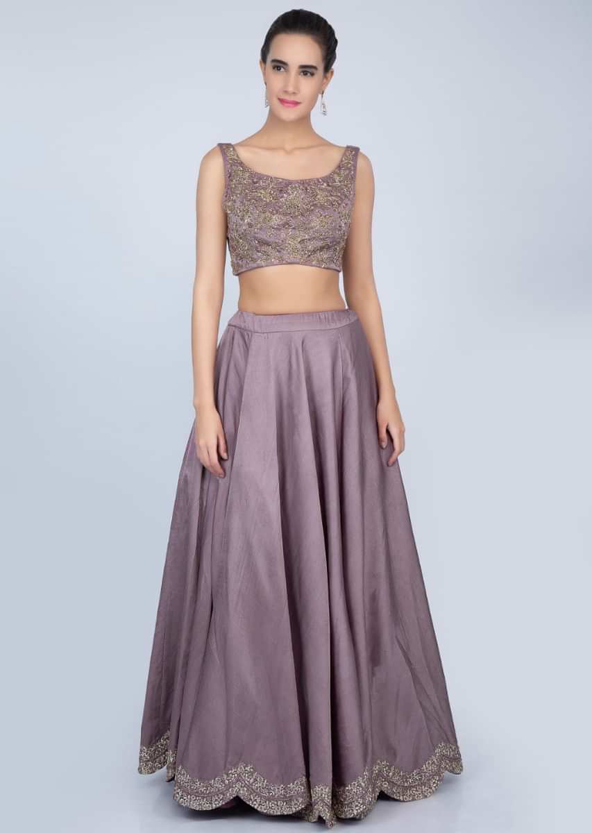 Dark lilac dupion lehenga with embroidered crop top and organza jacket only on kalki