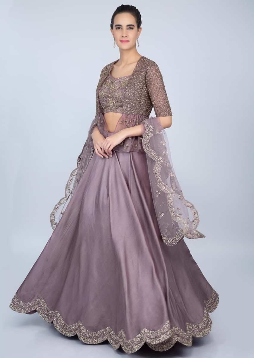 Dark lilac dupion lehenga with embroidered crop top and organza jacket only on kalki