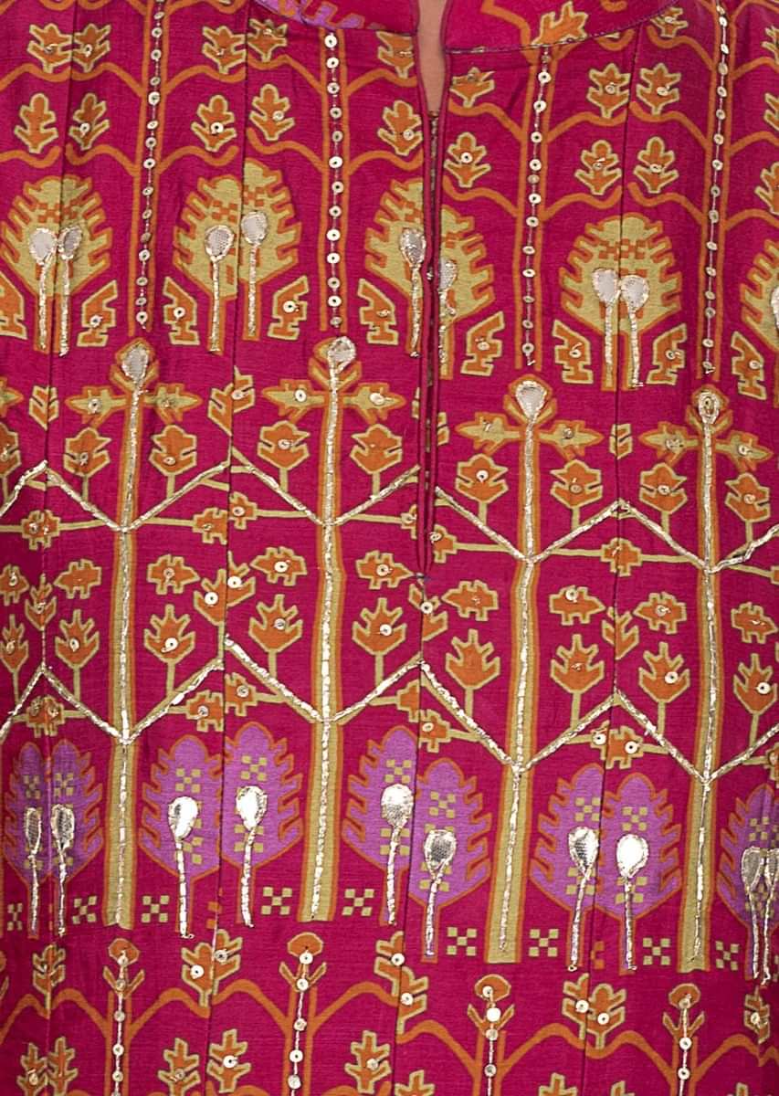 Dark magenta cotton anarkali suit in floral and tribal print only on Kalki