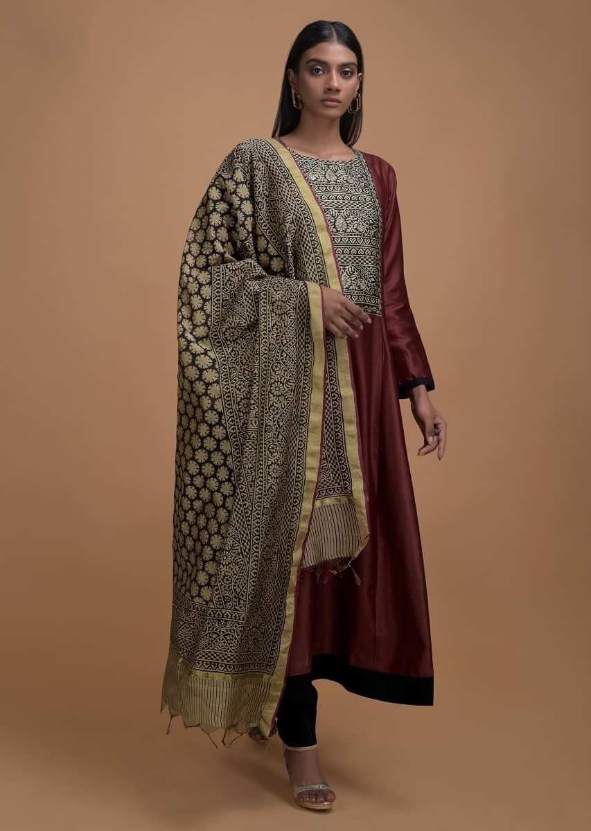 Dark Maroon Anarkalki Suit In Silk Featuring With Printed Placket