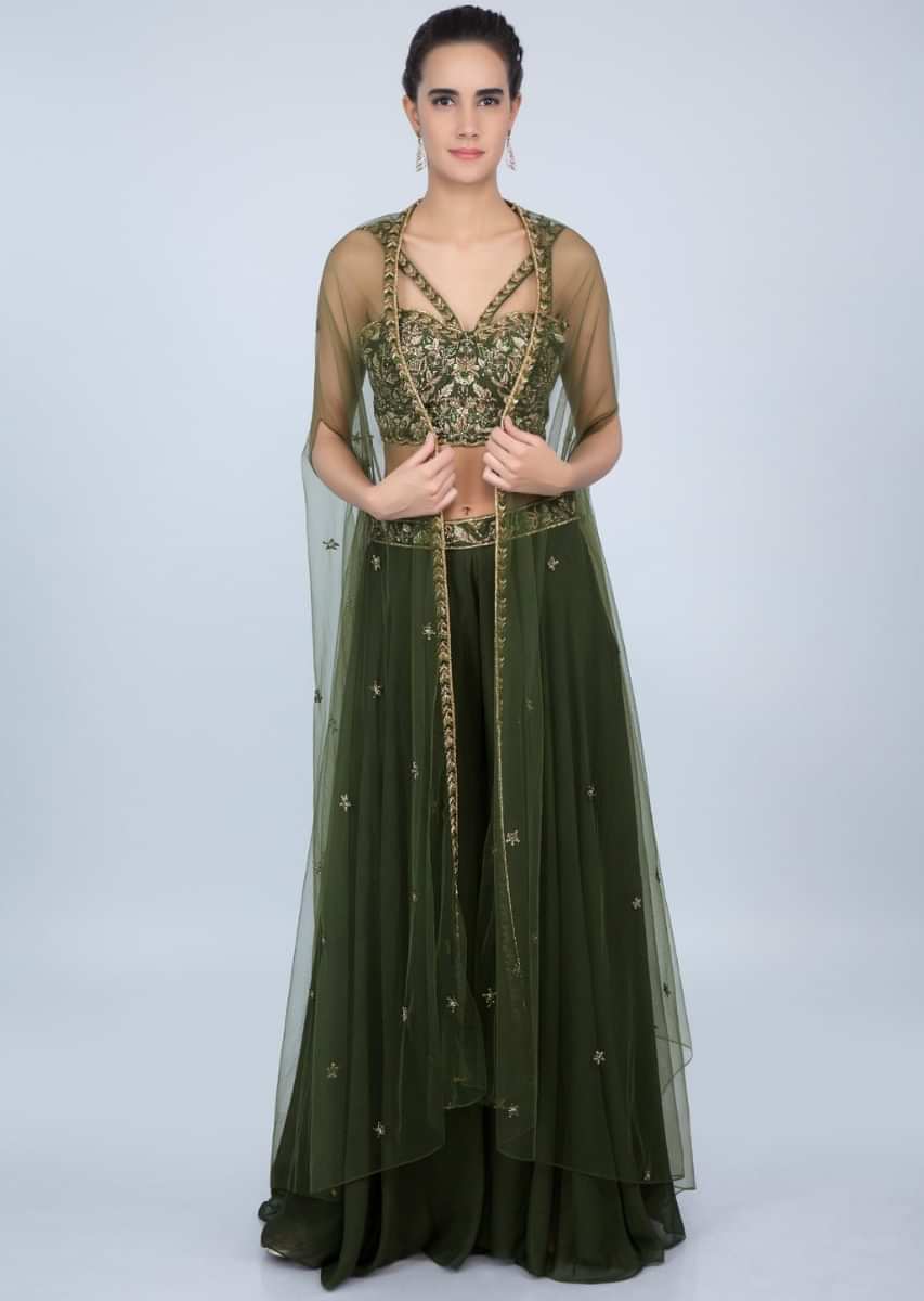 Dark Olive Green Crop Top With Embroidery Work And Palazzo With Net Jacket Online - Kalki Fashion