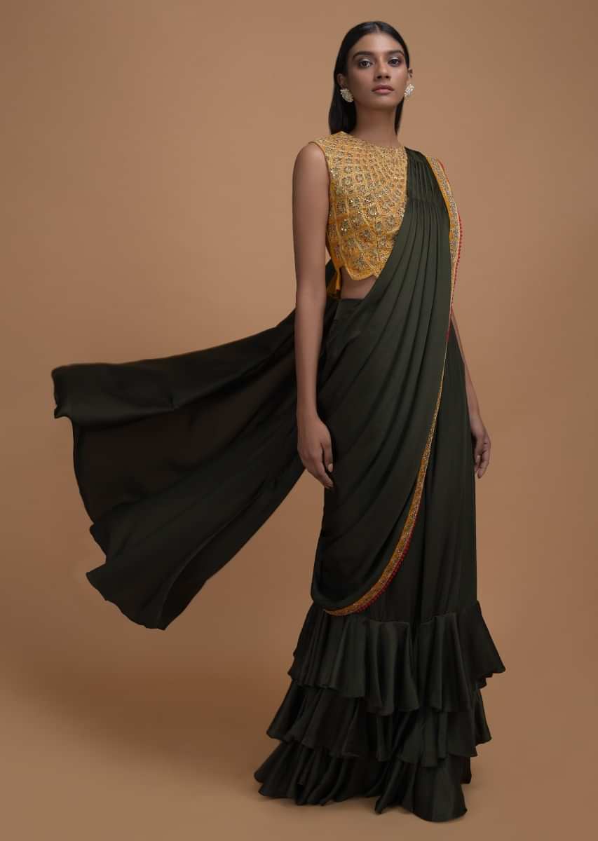 Buy Divergence yellow printed ruffle saree and blouse. by Designer AISHA  RAO Online at Ogaan.com