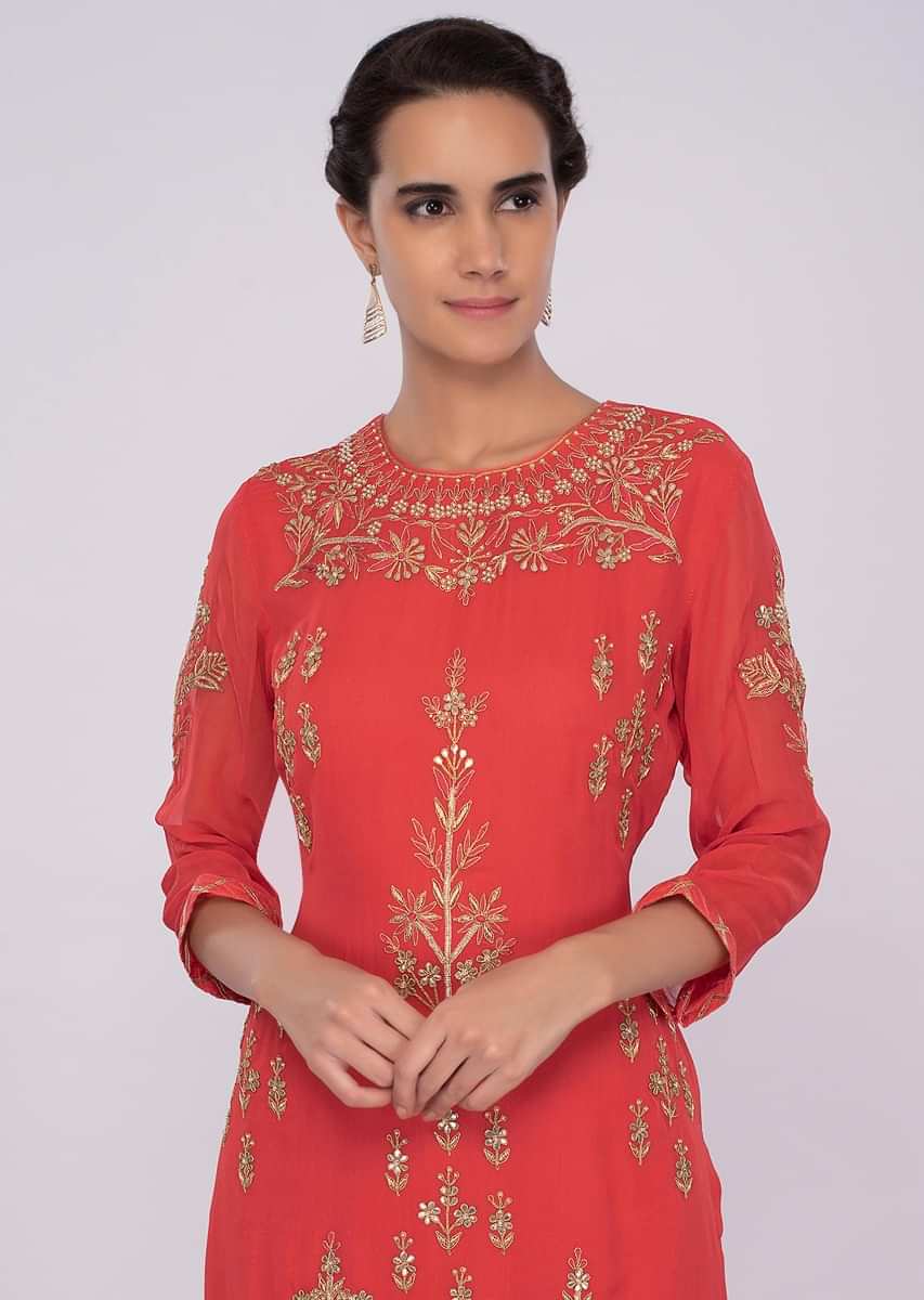 Dark Peach Palazzo Suit In Georgette With Embroidery And Butti Online - Kalki Fashion
