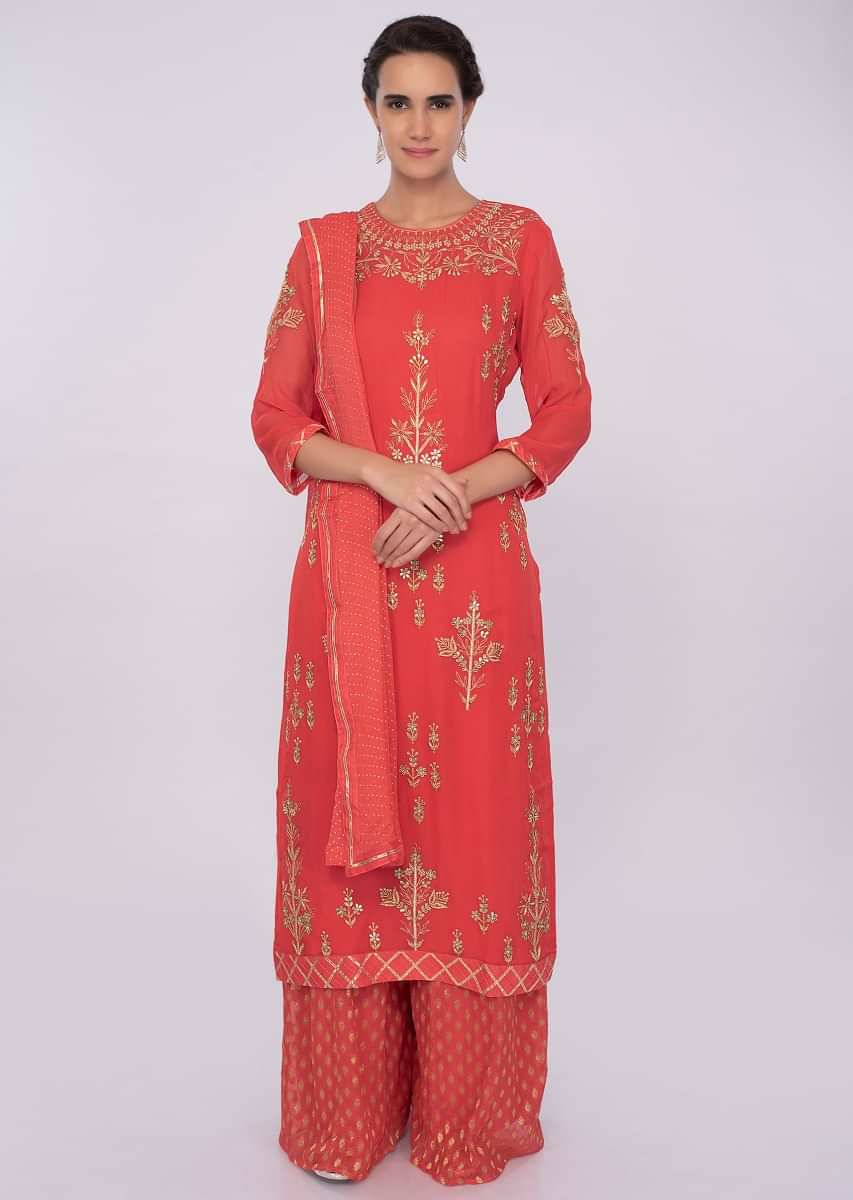 Dark Peach Palazzo Suit In Georgette With Embroidery And Butti Online - Kalki Fashion