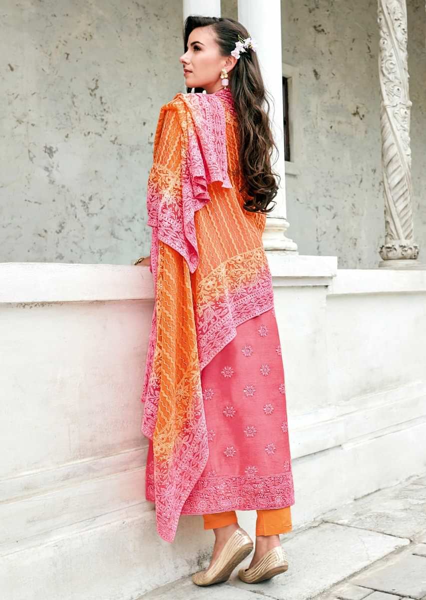 Dark Peach Straight Suit In Cotton Silk In Paisley And Motif Embroidery 