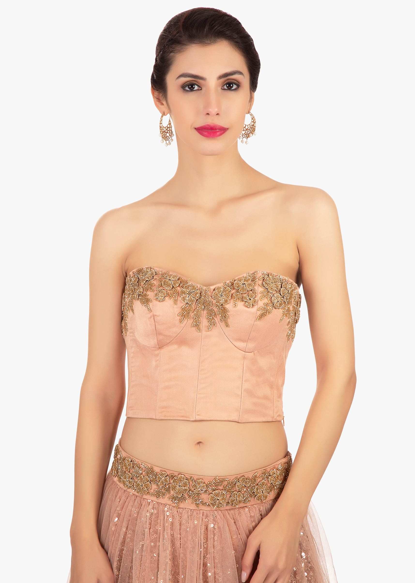 Dark peach strapless crop top paired with sequins fabric skirt