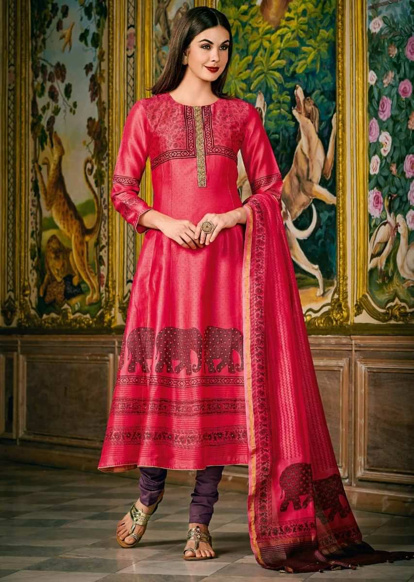 Dark Pink A Line Suit In Jaal And Animal Printed Motif With Embroidered Placket Online - Kalki Fashion
