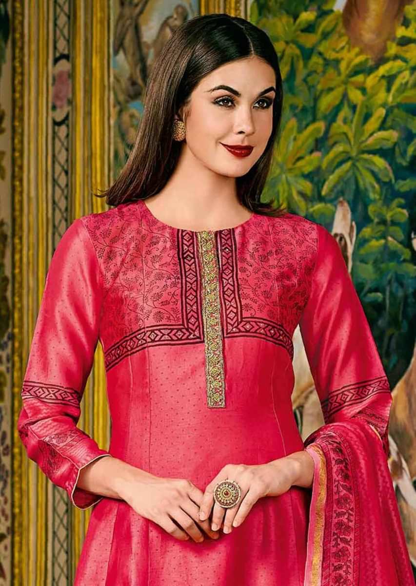 Dark Pink A Line Suit In Jaal And Animal Printed Motif With Embroidered Placket Online - Kalki Fashion