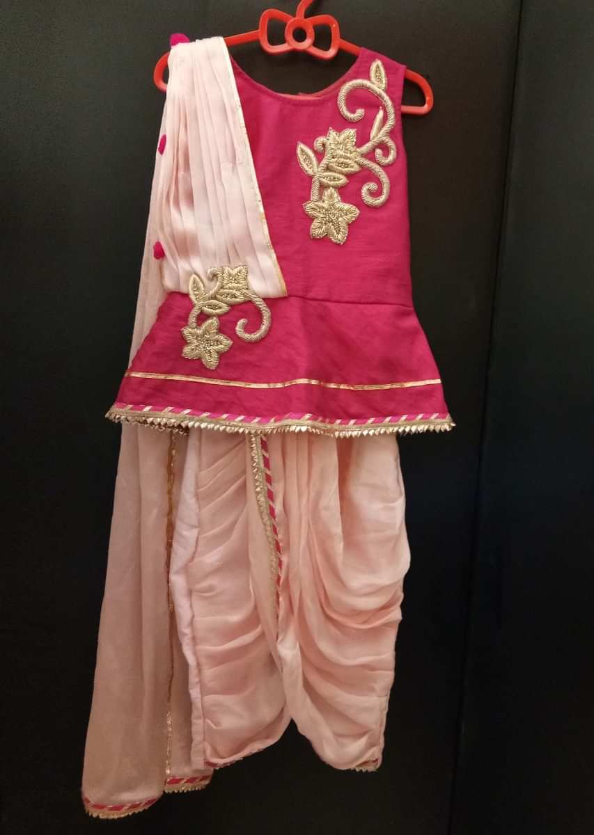 Dark Pink Peplum Top And Dhoti Set In Zardosi With Attached Dupatta Online - Kalki Fashion
