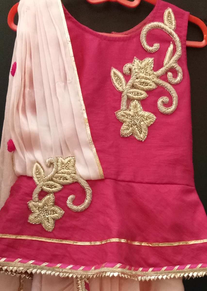 Dark Pink Peplum Top And Dhoti Set In Zardosi With Attached Dupatta Online - Kalki Fashion