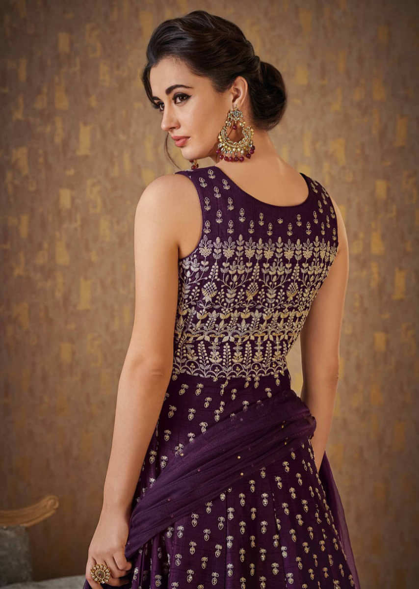 Dark Purple Anarkali Suit In Raw Silk Adorn In Butti And Jaal Motif In Thread Work Online - Kalki Fashion