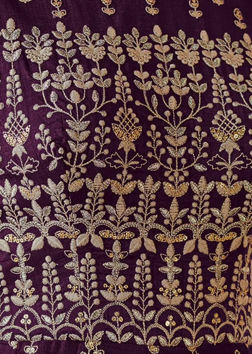 Dark Purple Anarkali Suit In Raw Silk Adorn In Butti And Jaal Motif In Thread Work Online - Kalki Fashion