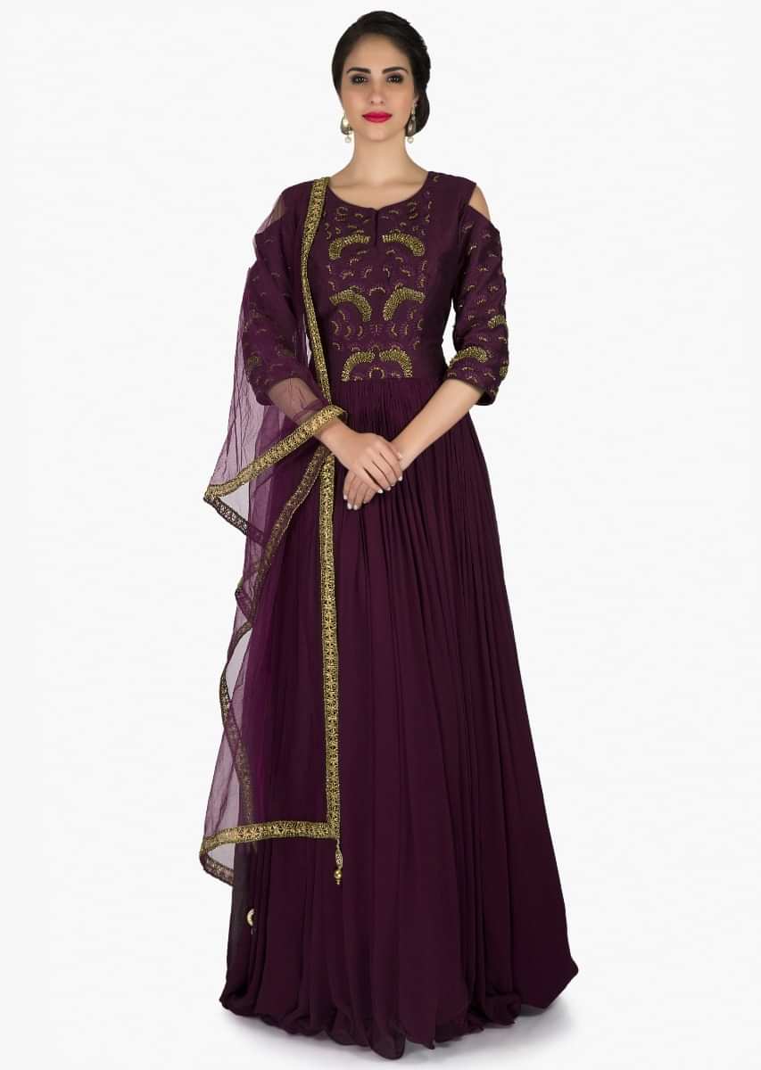 Purple anarkali suit with cold shoulder and zardosi embroidery only on Kalki