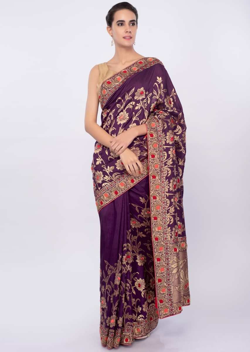 Dark purple brocade silk saree with embroidered border only on Kalki
