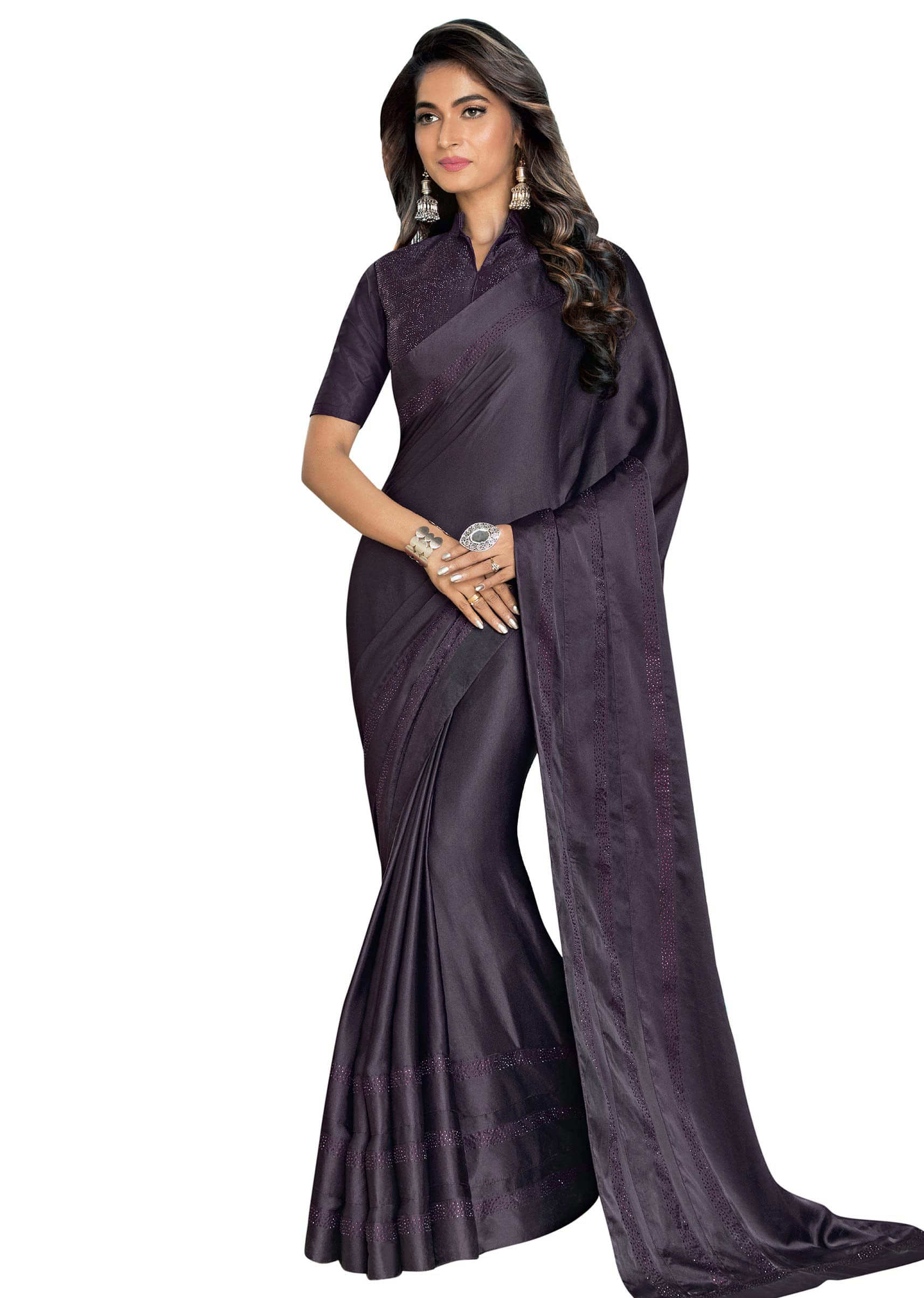 Dark purple saree in satin with kundan embroidered border 