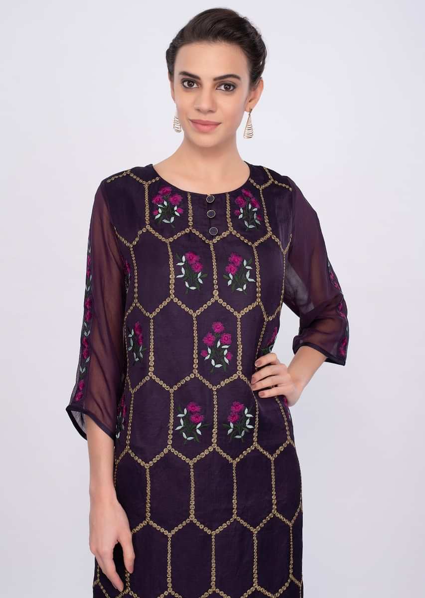 Dark Purple Kurti In Embroidered Silk Online - Kalki Fashion