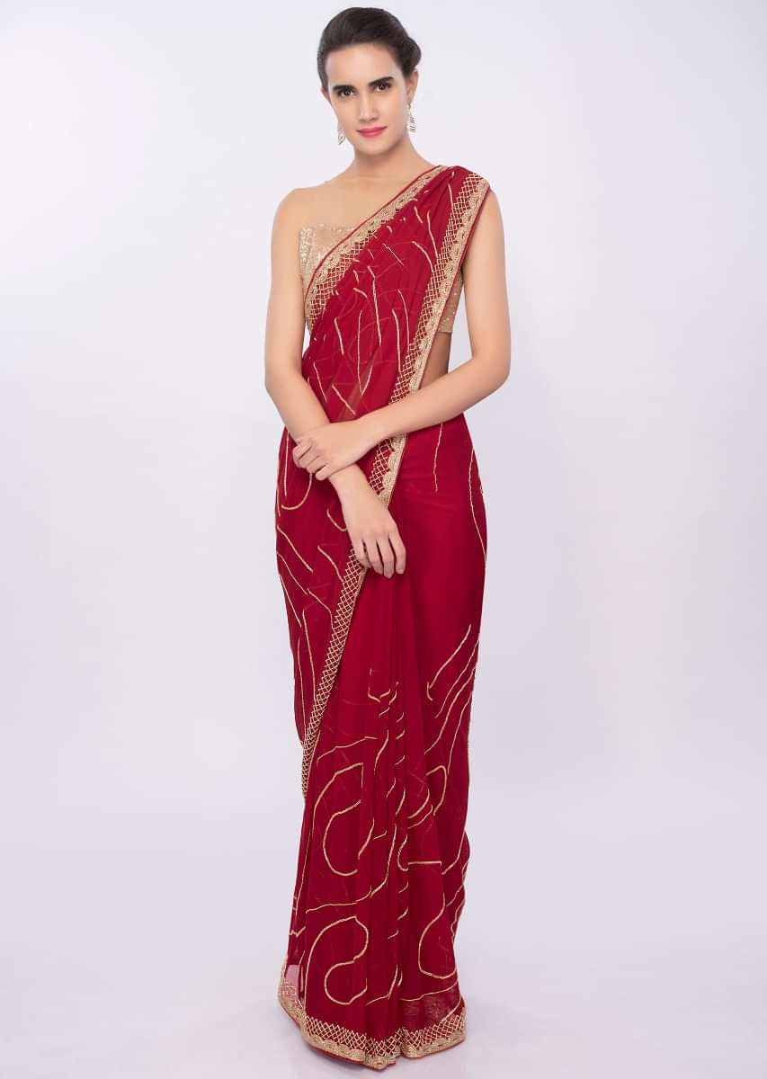 Dark red georgette saree in cut dana embroidery and butti only on Kalki