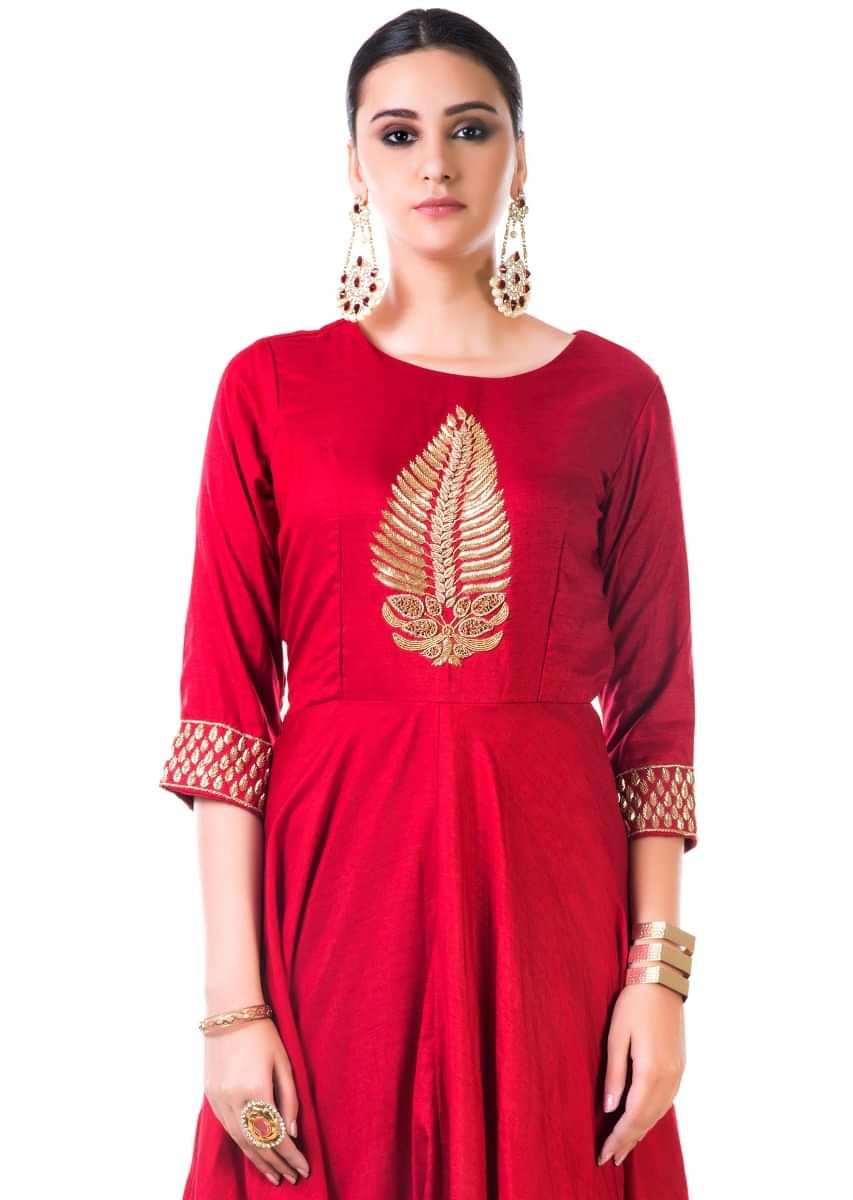 Red Anarkali Gown With Hand Embroidered Leaf Pattern Online - Kalki Fashion