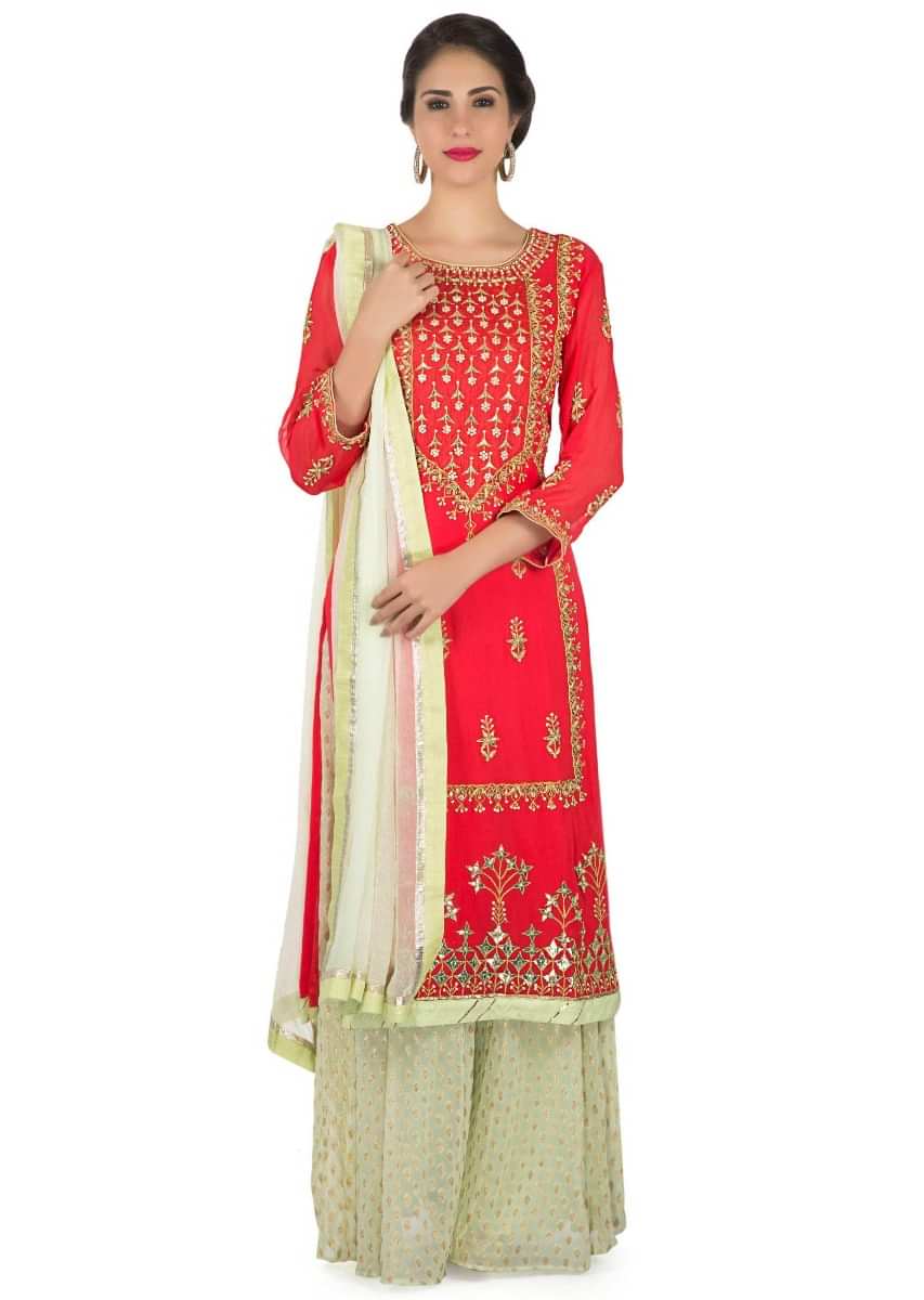 Red Straight Palazzo Suit With Embroidered Placket In Gotta Patch Embroidery Online - Kalki Fashion