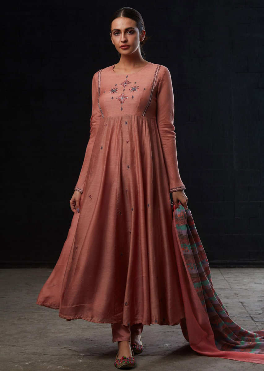 Dark Rouge Pink Anarkali Suit With Resham Embroidered Butti On Placket And Alternate Kali Online - Kalki Fashion