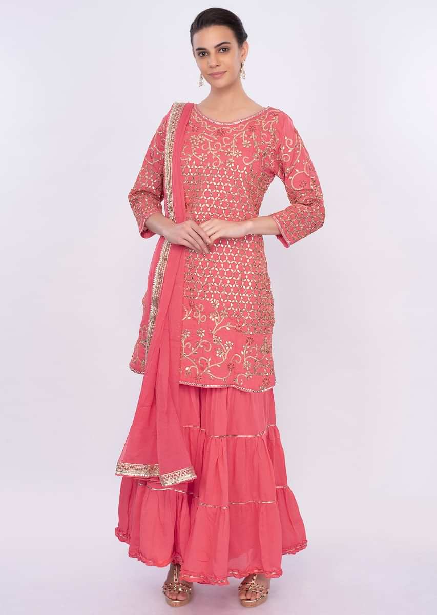 Dark Salmon Pink Sharara Suit Set With Gotta Patch Embroidery Online - Kalki Fashion
