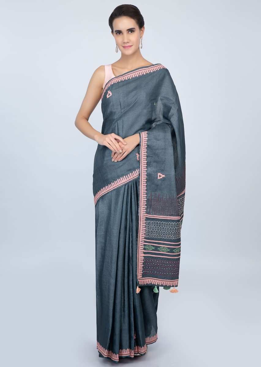 Dark Steel Blue Blouse In Tussar Silk With Patch Embroidered Butti And Border Online - Kalki Fashion
