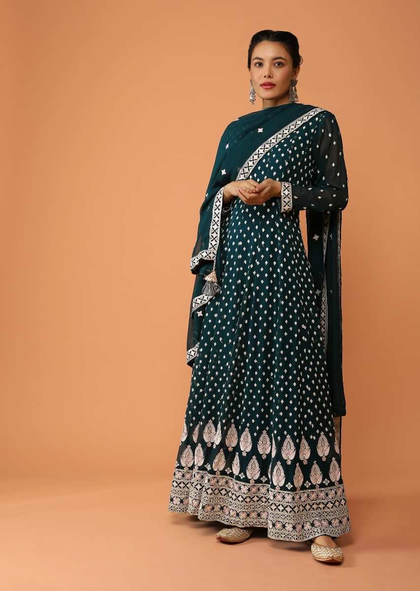 Dark Teal Anarkali Suit In Georgette With Resham And Sequins Embroidered Buttis And Border Design  