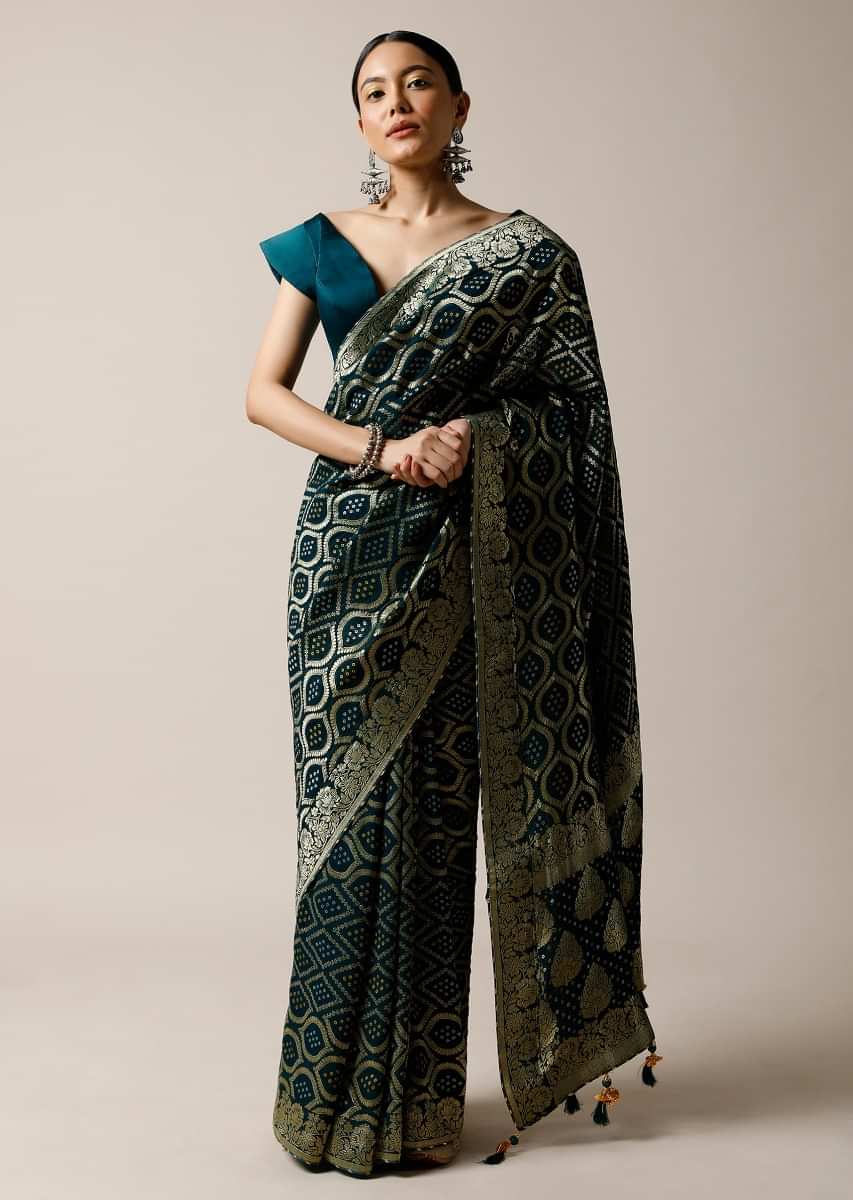 Dark Teal Banarasi Saree In Georgette With Woven Bandhani And Jaal Design
