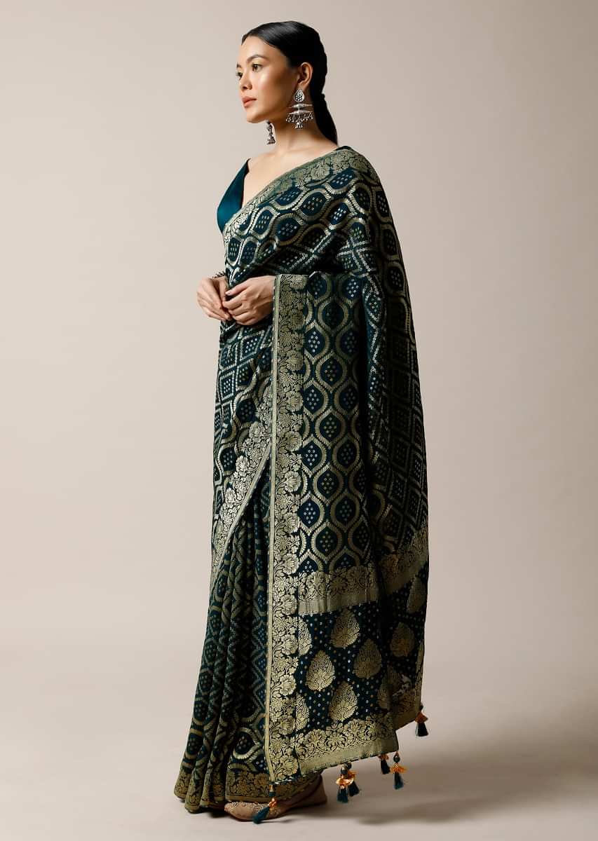 Dark Teal Banarasi Saree In Georgette With Woven Bandhani And Jaal Design