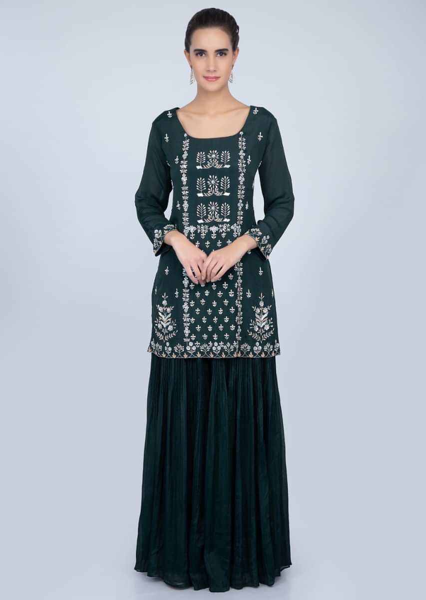 Dark Teal Blue Suit With Embroidery Work And Crushed Palazzo And Pink Dupatta Online - Kalki Fashion
