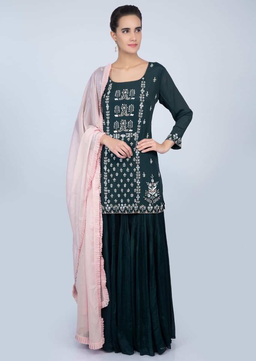 Dark Teal Blue Suit With Embroidery Work And Crushed Palazzo And Pink Dupatta Online - Kalki Fashion