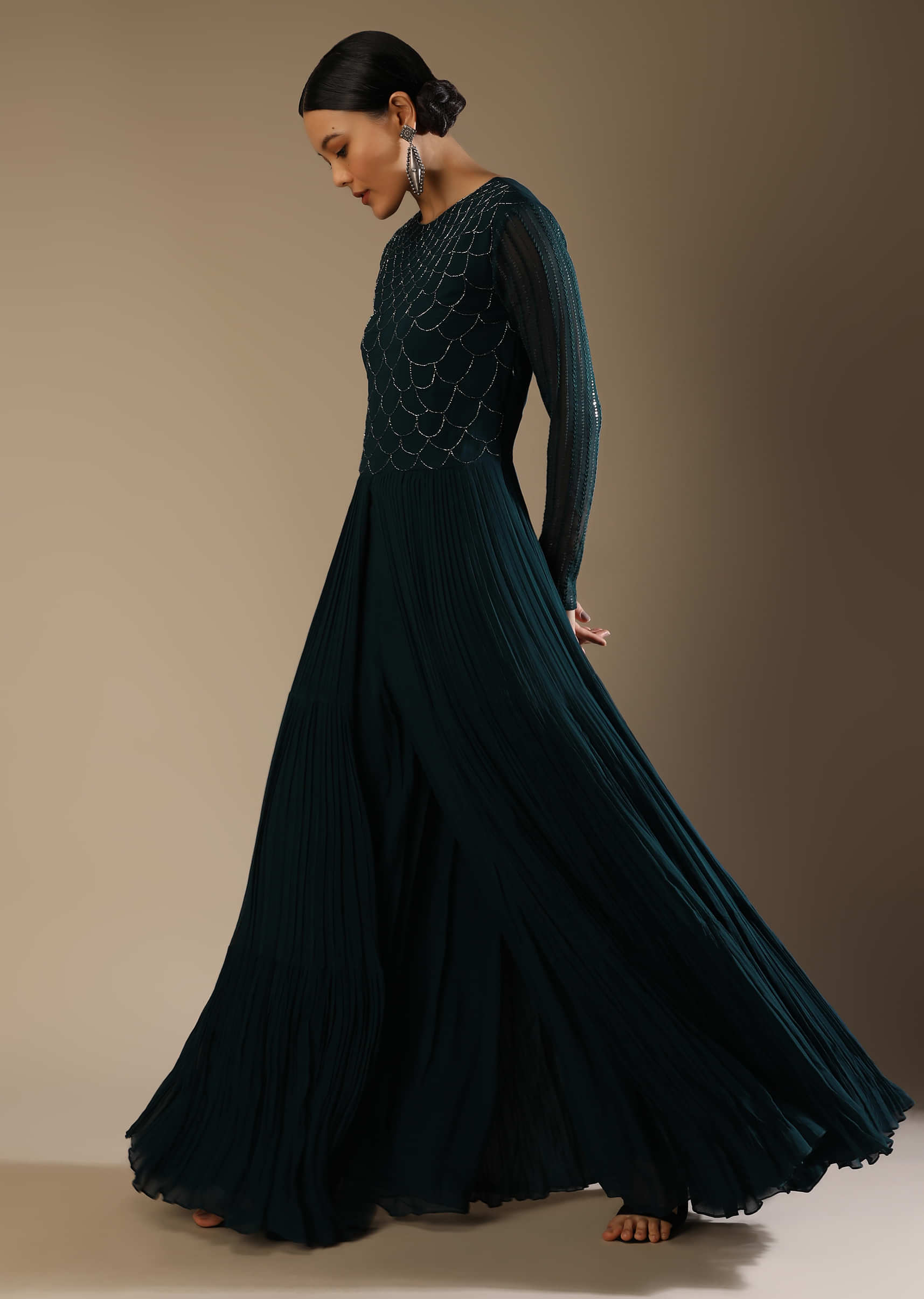Dark Teal Palazzo Suit With A Long Slit Top Adorned In Cut Dana Work In Scallop Design  