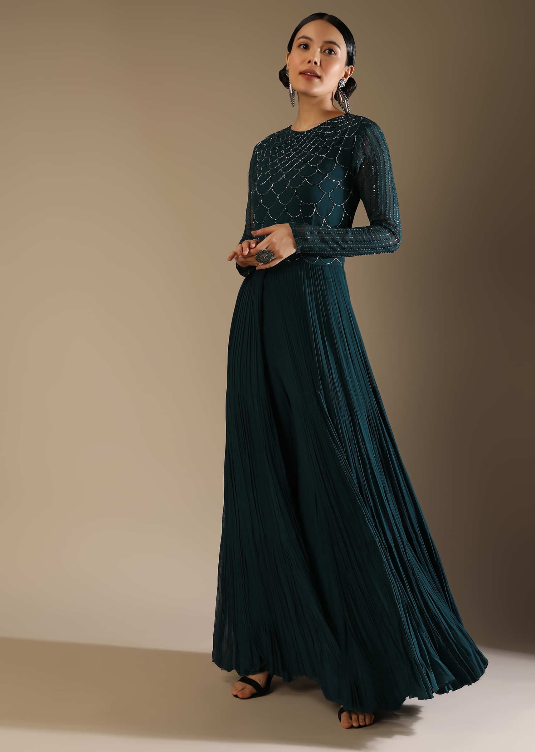 Dark Teal Palazzo Suit With A Long Slit Top Adorned In Cut Dana Work In Scallop Design  