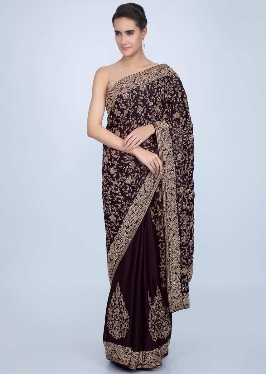Dark violet milano satin saree with heavy embroidered butti and border only on Kalki