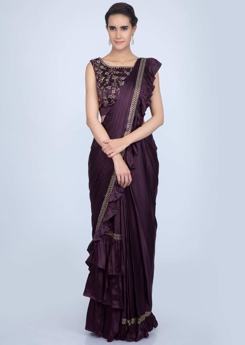 Dark Violet Ready Pleated Saree In Satin With Frilled Pallu Online - Kalki Fashion