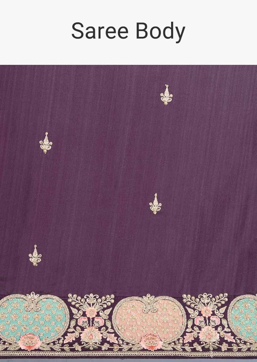 Dark violet silk saree with butti and heavy embroidered border only on Kalki